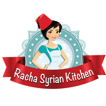 Racha Syrian Kitchen logo featuring a smiling woman in a red fez and apron, framed by a decorative circle and red ribbon banner.